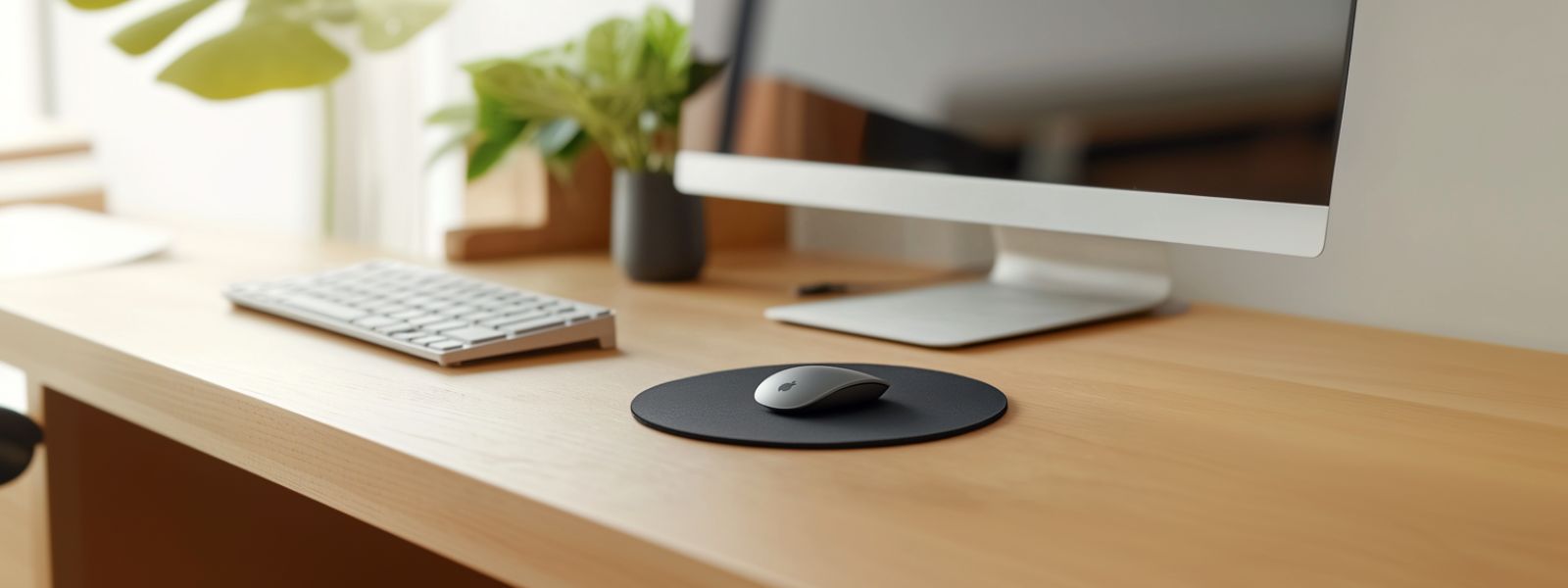 Tapis de souris rond sur bureau moderne avec surface bois clair