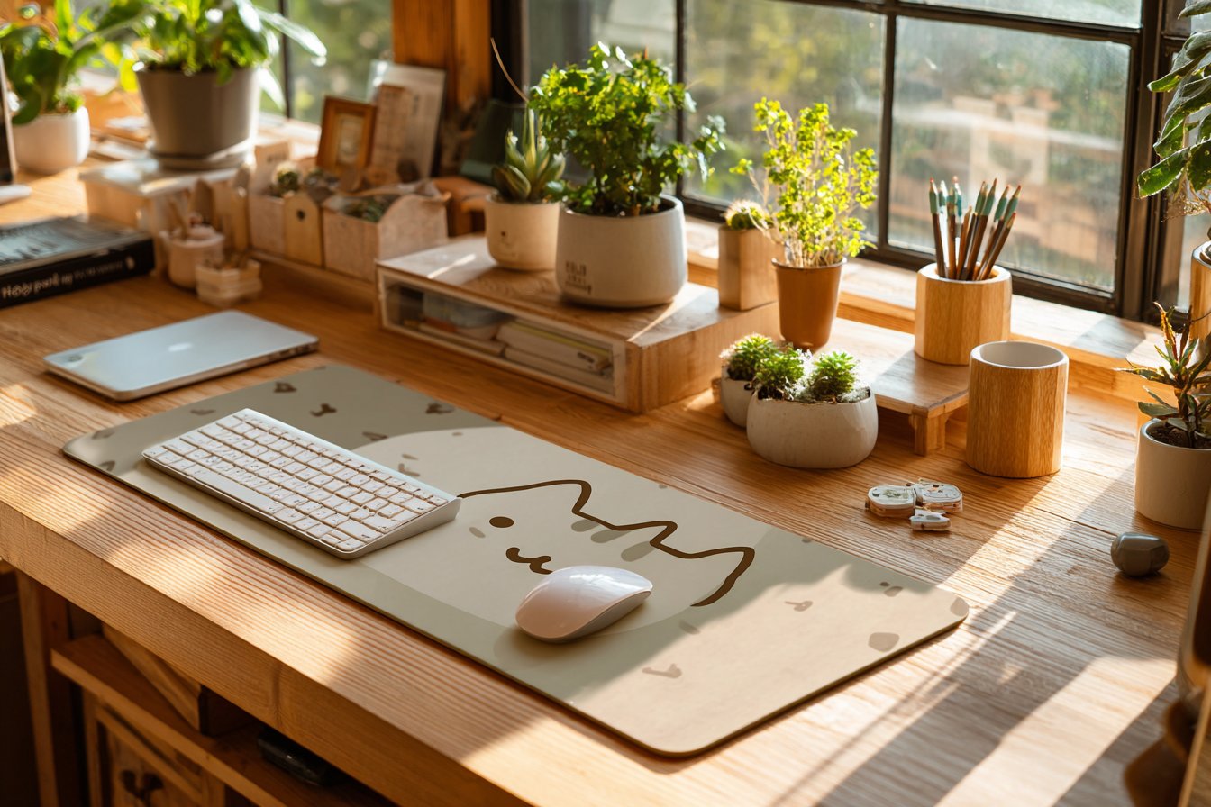 Tapis de souris motif chat sur bureau beige avec ambiance chaleureuse
