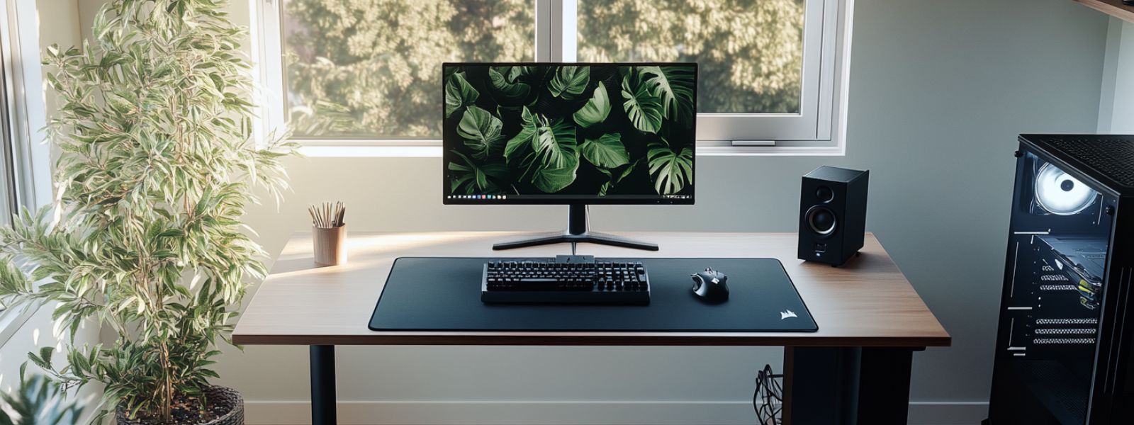 Tapis de souris noir sur bureau sombre avec moniteur et lumière tamisée