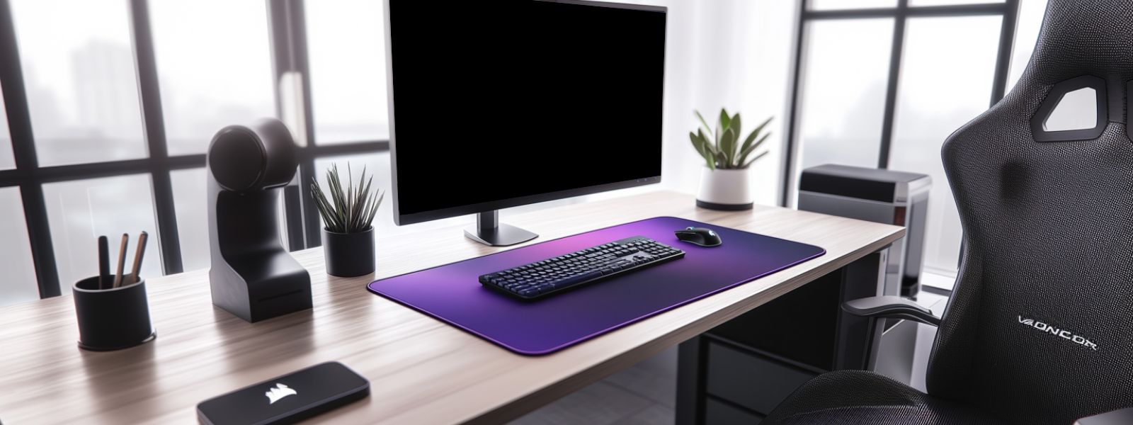 Tapis de souris violet XXL sur un bureau gamer avec écran, clavier et fauteuil ergonomique