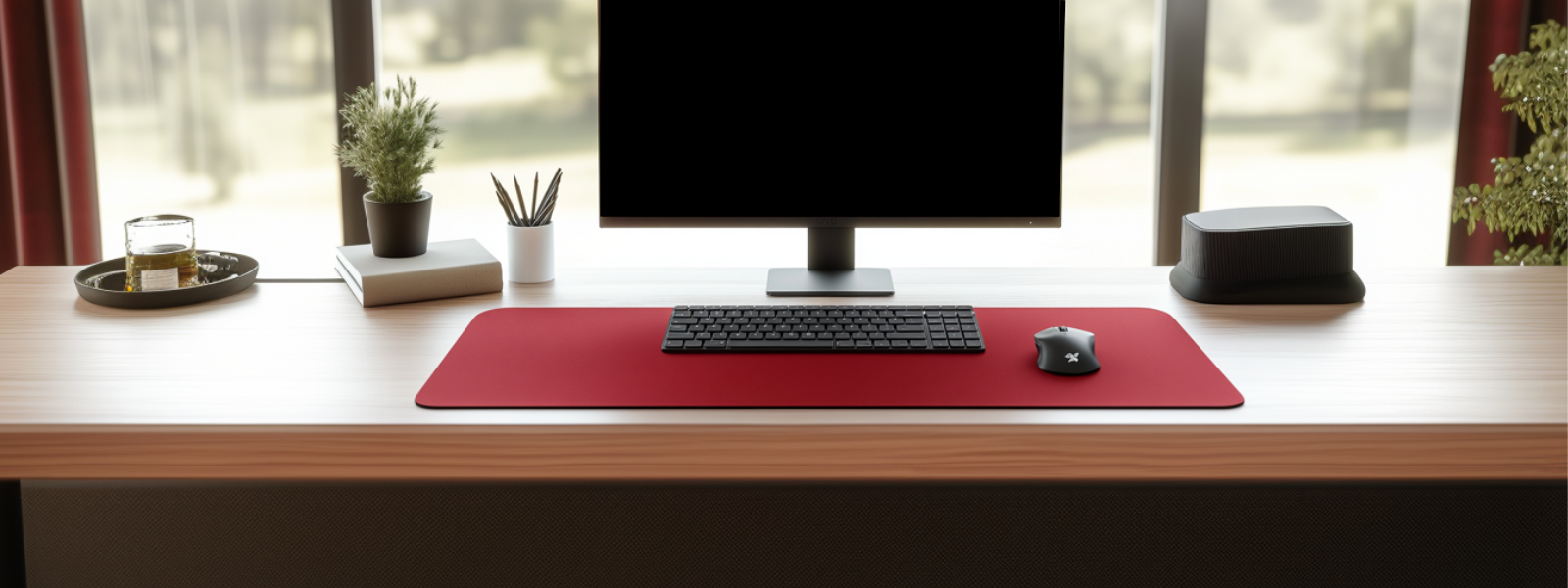 apis de souris rouge vif sur bureau gaming avec écran central