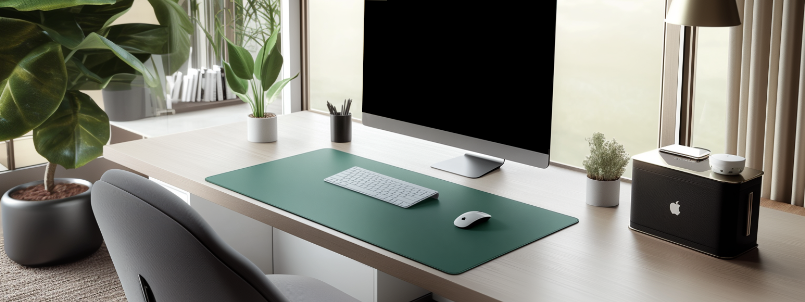 Tapis de souris vert pastel sur bureau blanc avec chaise en tissu et plantes