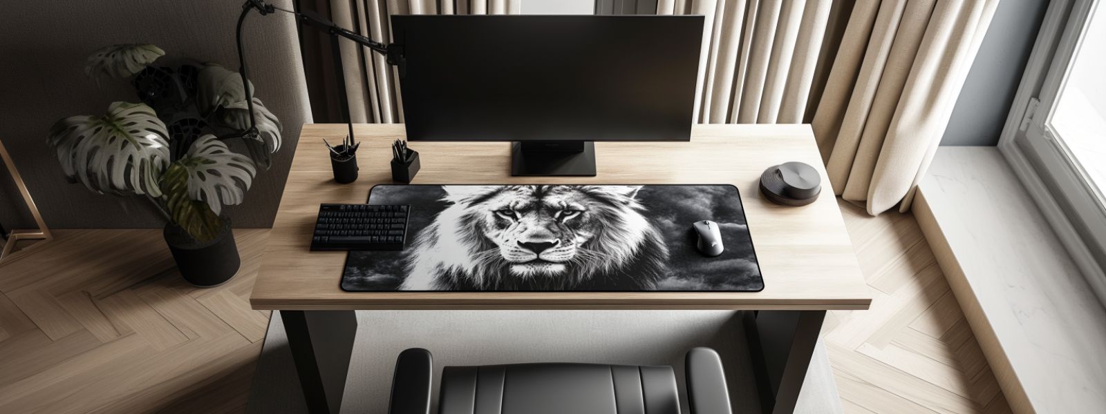 Tapis de souris XXL avec motif animalier lion sur bureau naturel en bois clair