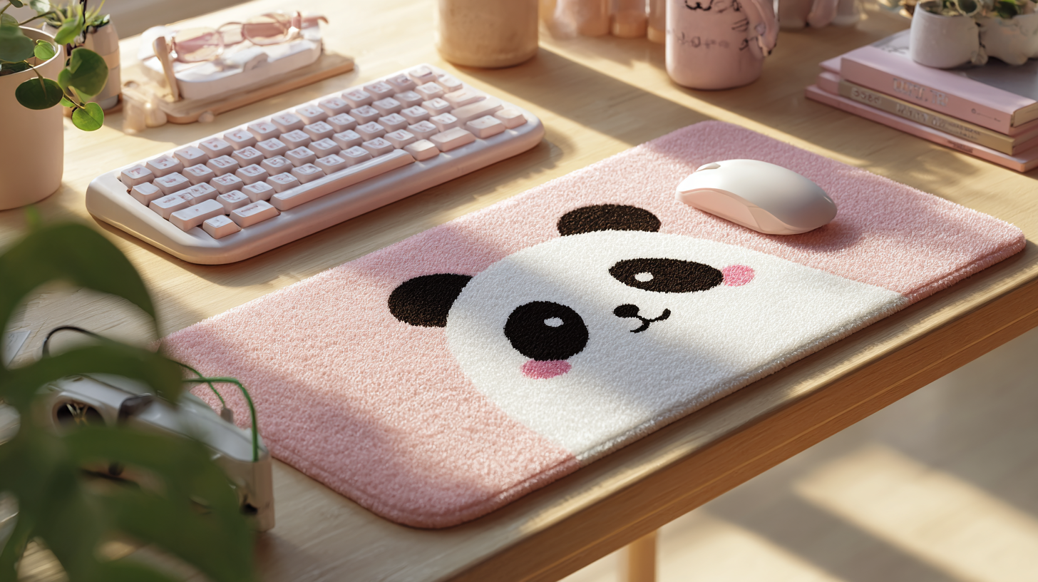 Tapis de souris panda sur bureau beige minimaliste avec éléments déco zen