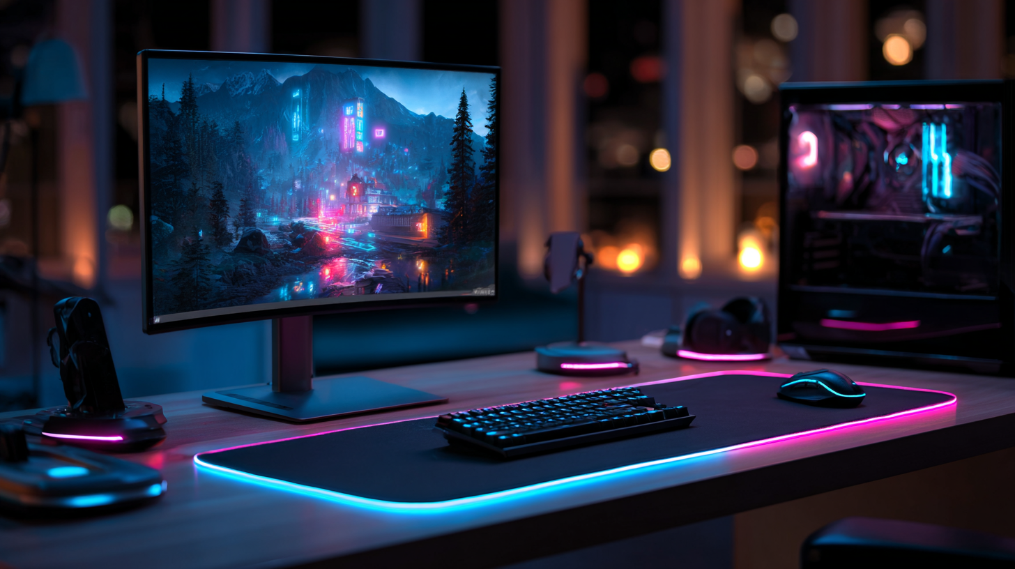Tapis de souris gaming XXL sur setup RGB avec clavier gaming noir
