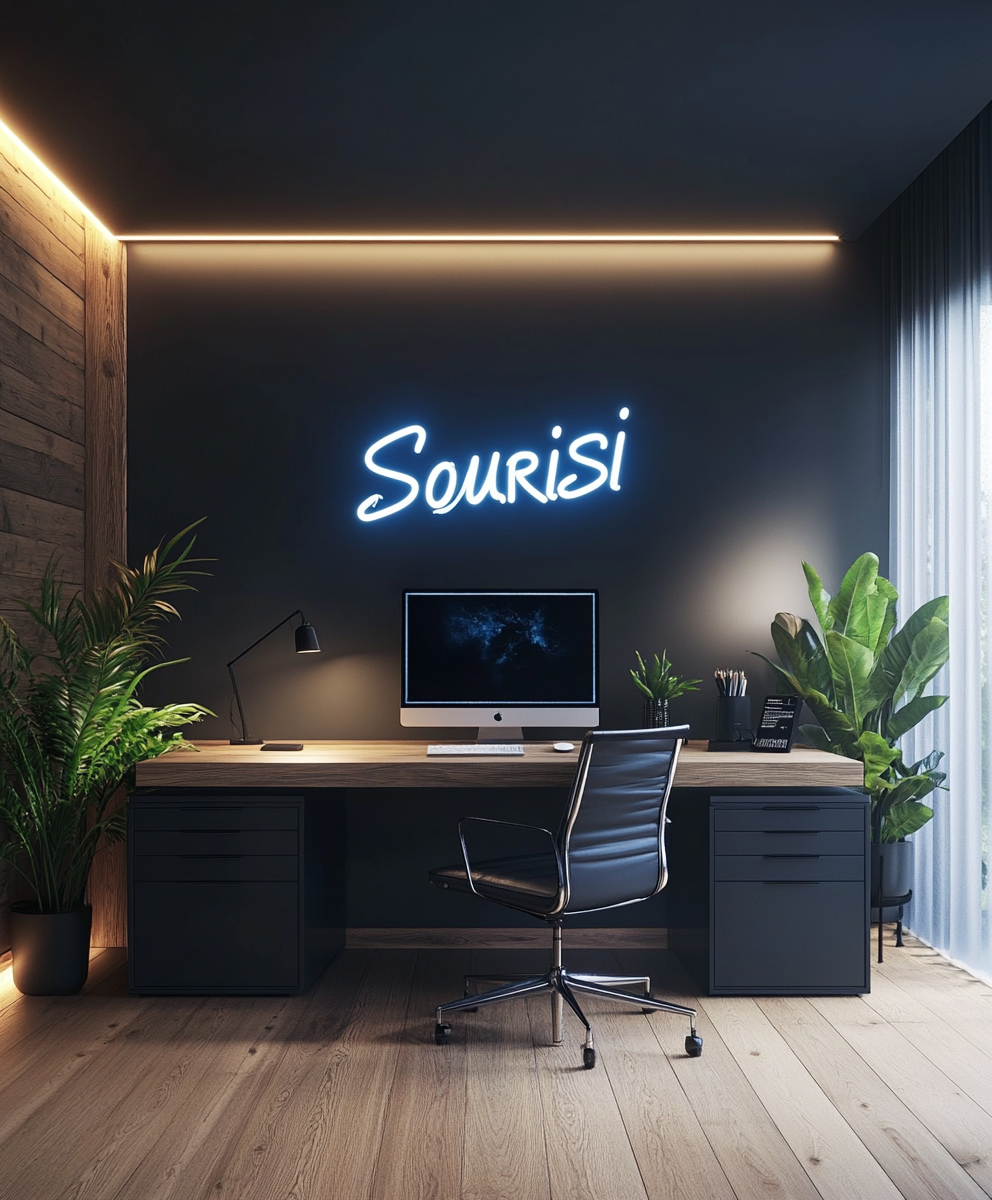 Bureau design avec logo lumineux Sourisi, écran iMac et plantes vertes sur fond mural foncé