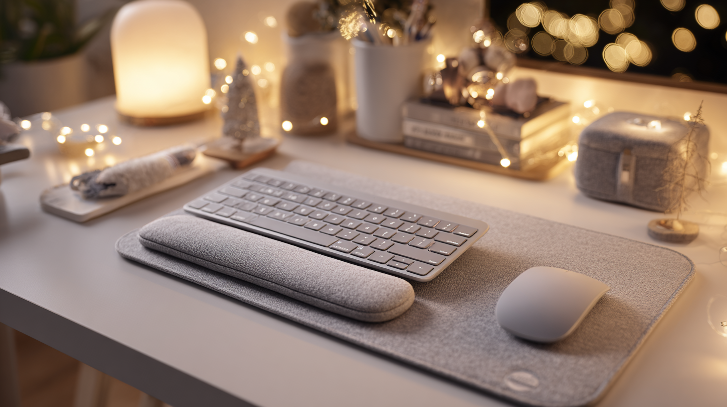 Tapis de souris ergonomique avec repose-poignet intégré sur un bureau confortable épuré