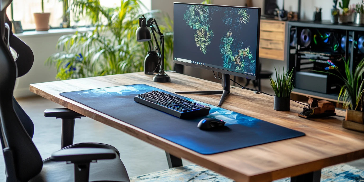 Grand tapis de souris XXL noir sur un bureau double écran en bois clair