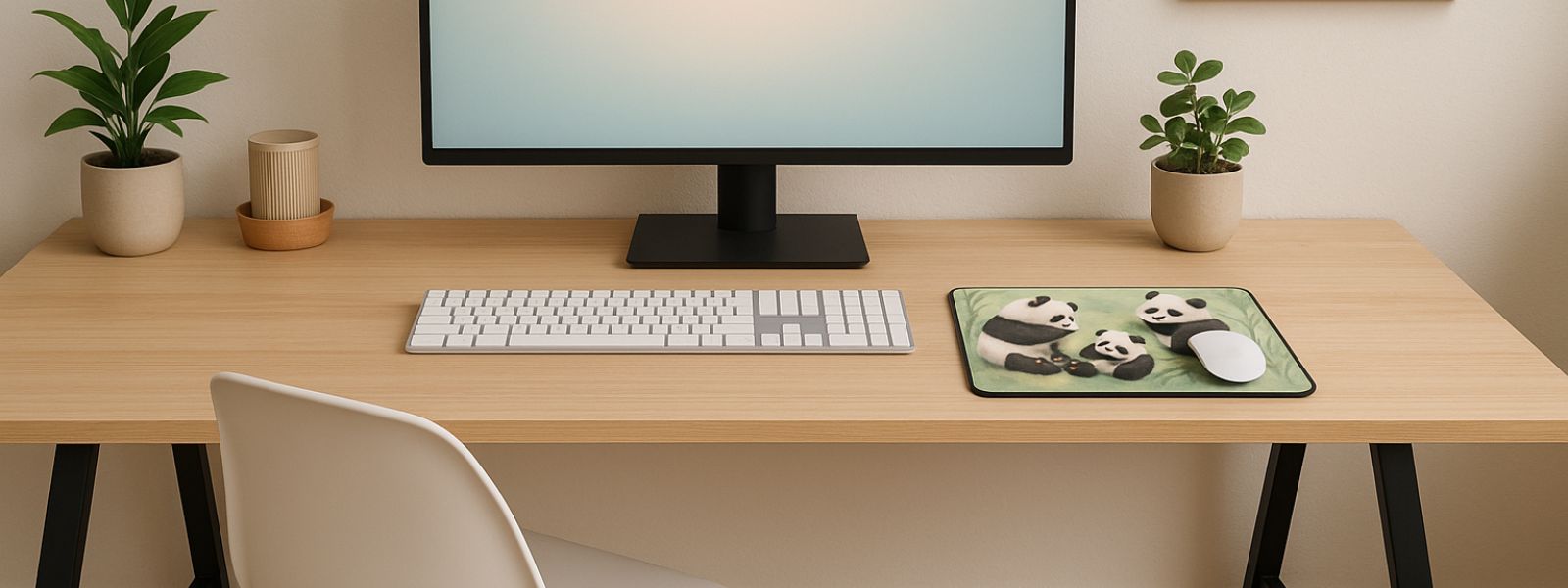 Tapis de souris design panda sur bureau beige avec éléments déco zen