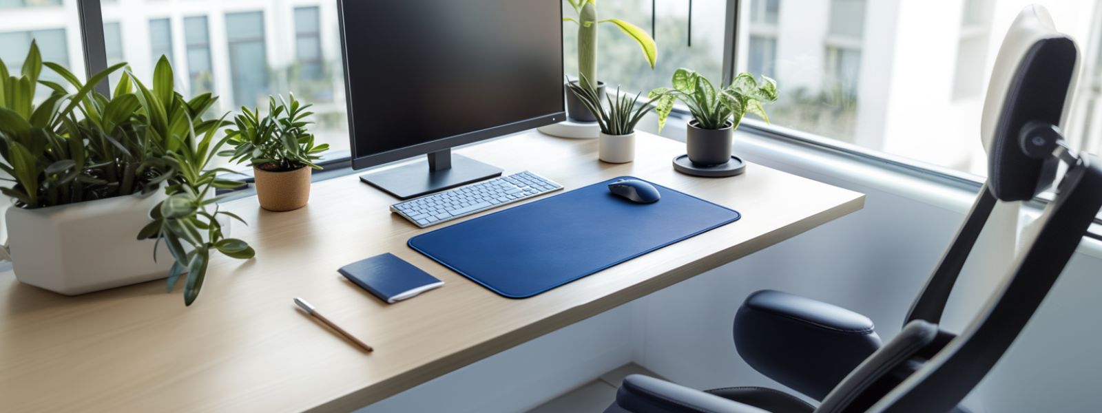 Tapis de souris bleu foncé sur bureau lumineux avec écran et plante