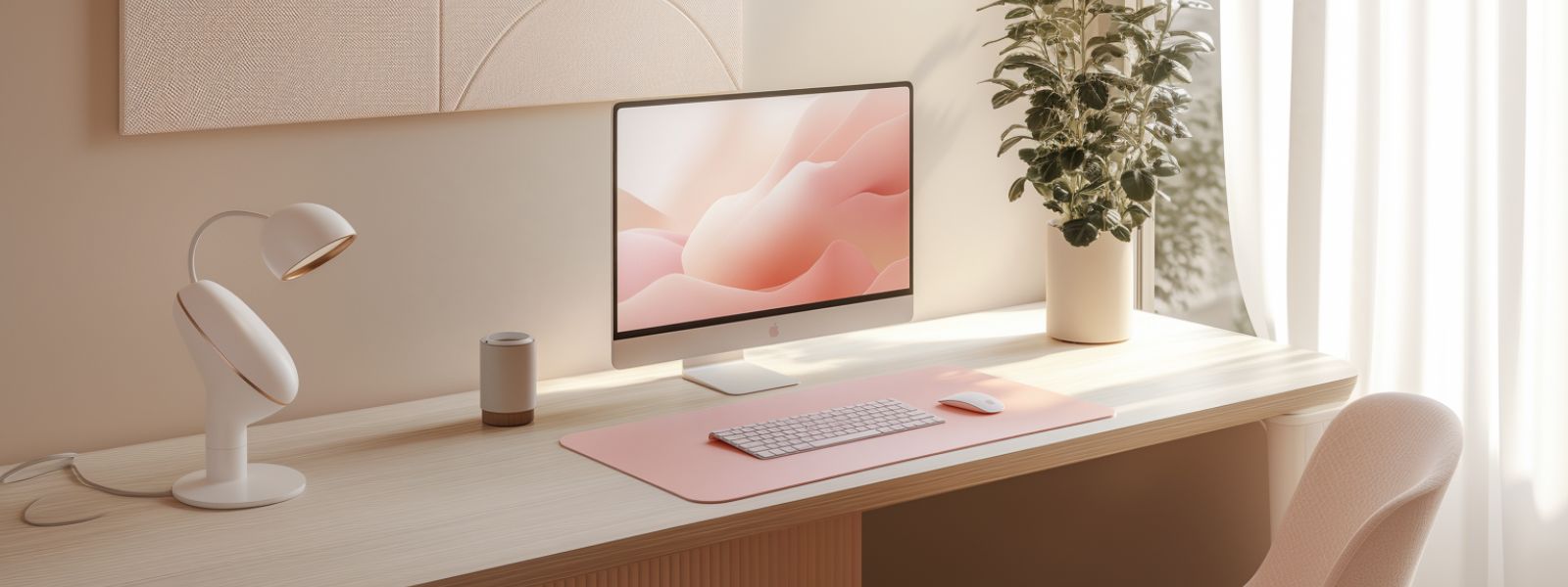 Tapis de souris rose clair dans un environnement lumineux et épuré