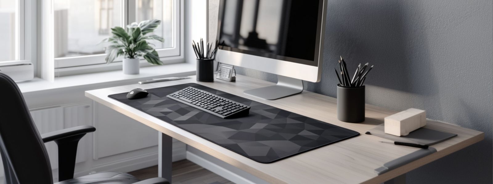 Tapis de souris XXL gris clair sur bureau minimaliste 