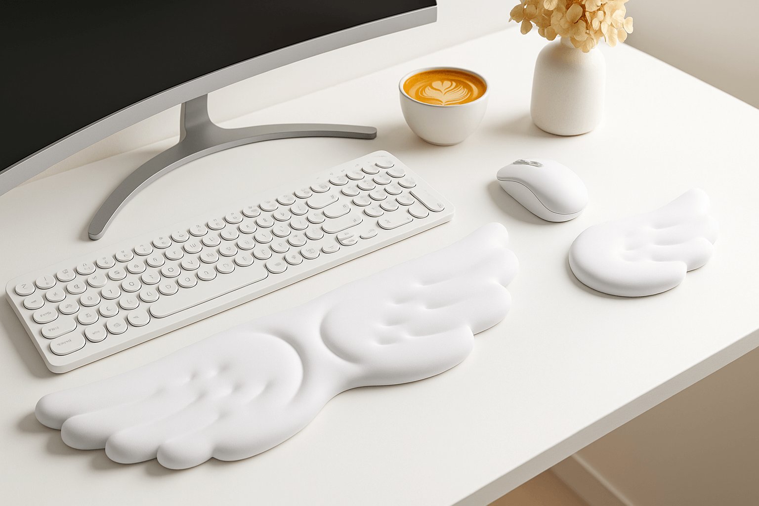 Repose-poignet blanc pour clavier et souris ergonomique sur bureau blanc minimaliste déco