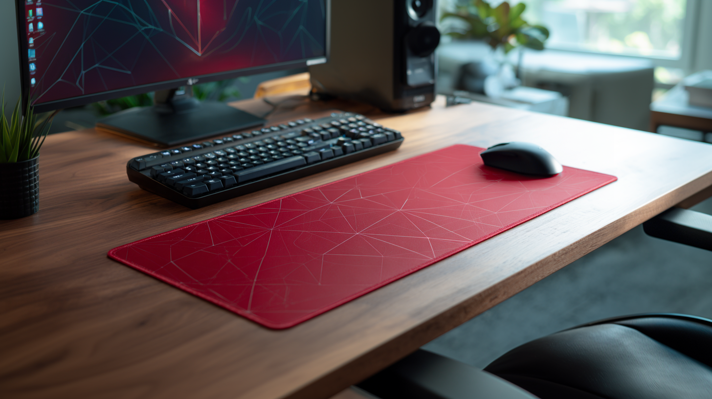 tapis de souris XXL rouge sur un bureau en bois avec écran d'ordinateur