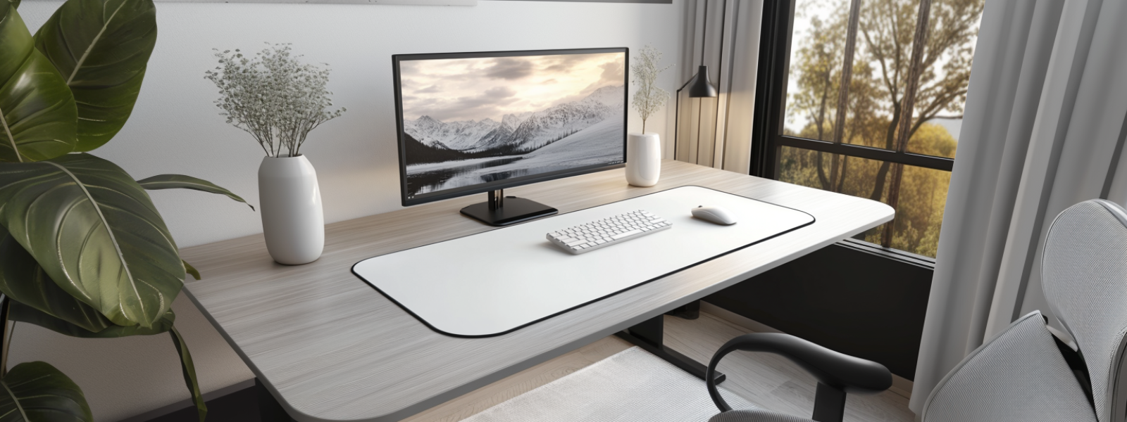 Tapis de souris blanc sur un bureau lumineux avec chaise design et déco minimaliste