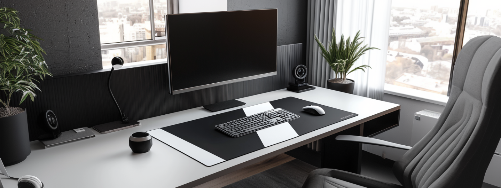Tapis de souris XXL noir et blanc sur bureau avec clavier noir
