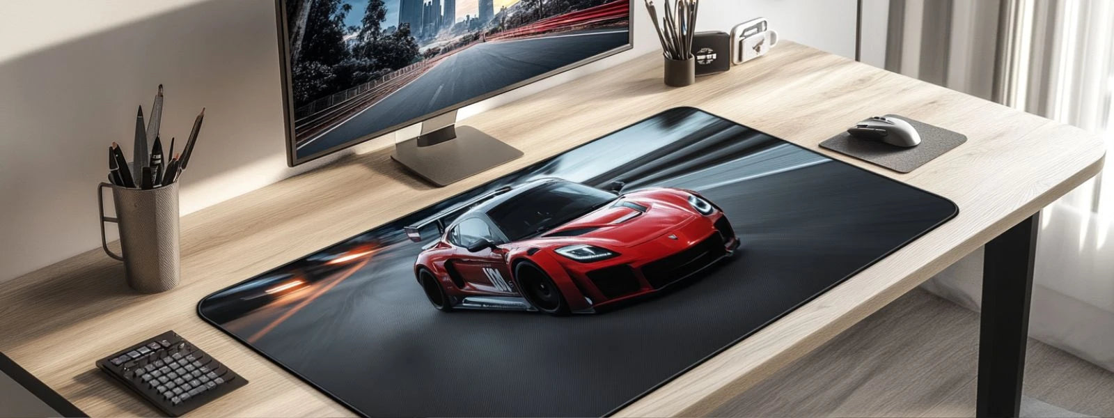 Tapis de souris XXL voiture sportive rouge ferrari sur bureau en bois