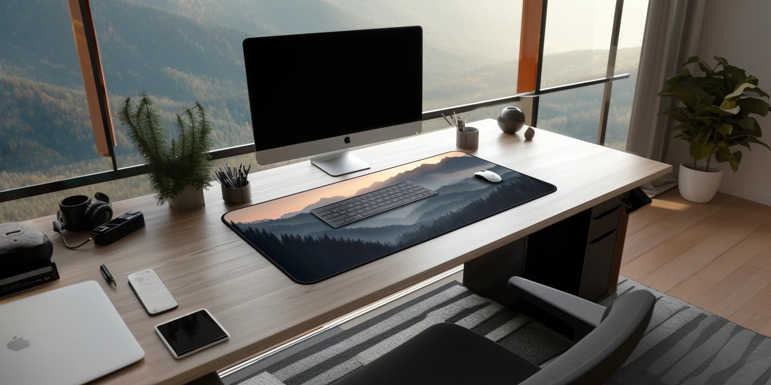 Tapis de souris XXL au design naturel sur un bureau apaisant