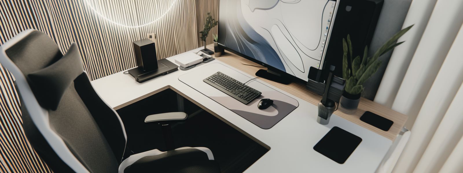 Tapis de souris XXL design abstrait avec motifs graphiques sur bureau moderne