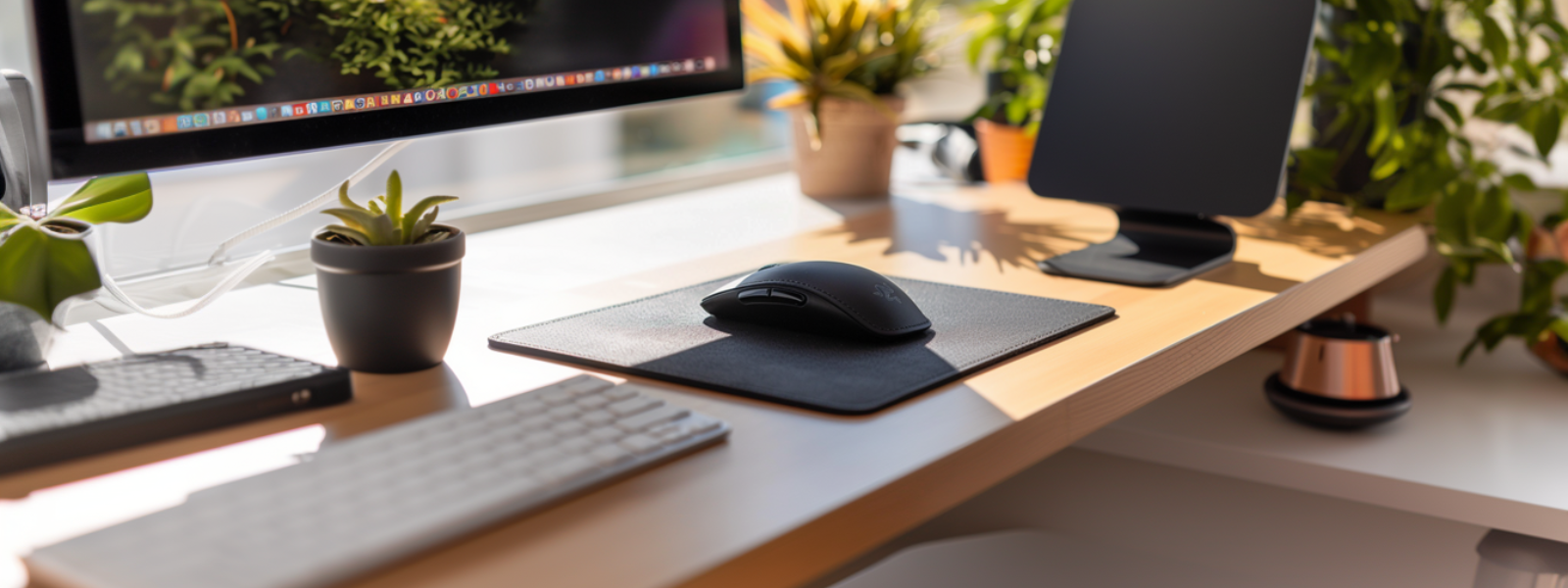Petit tapis de souris compact sur bureau avec accessoires épurés