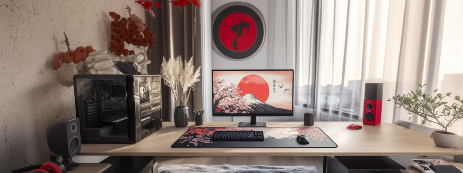 Tapis de souris japonais sur bureau avec rideaux clairs et déco zen