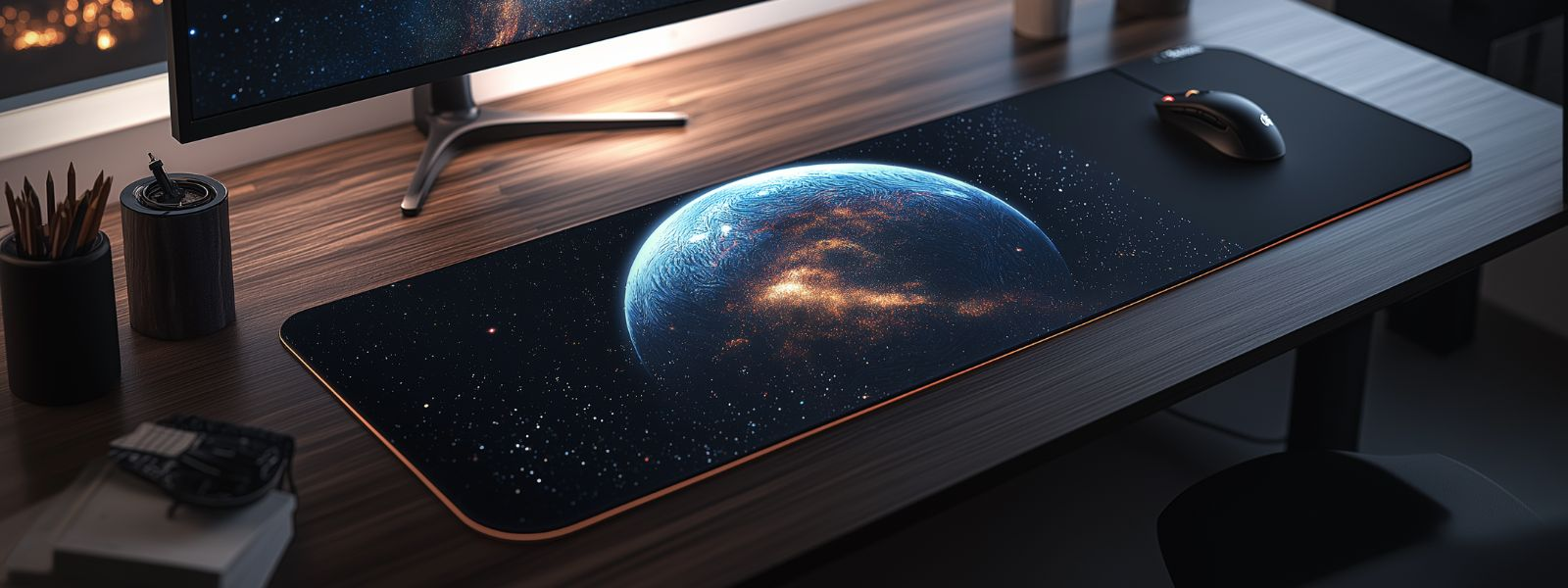 Tapis de souris espace et galaxies avec visuel cosmique dans un setup sombre