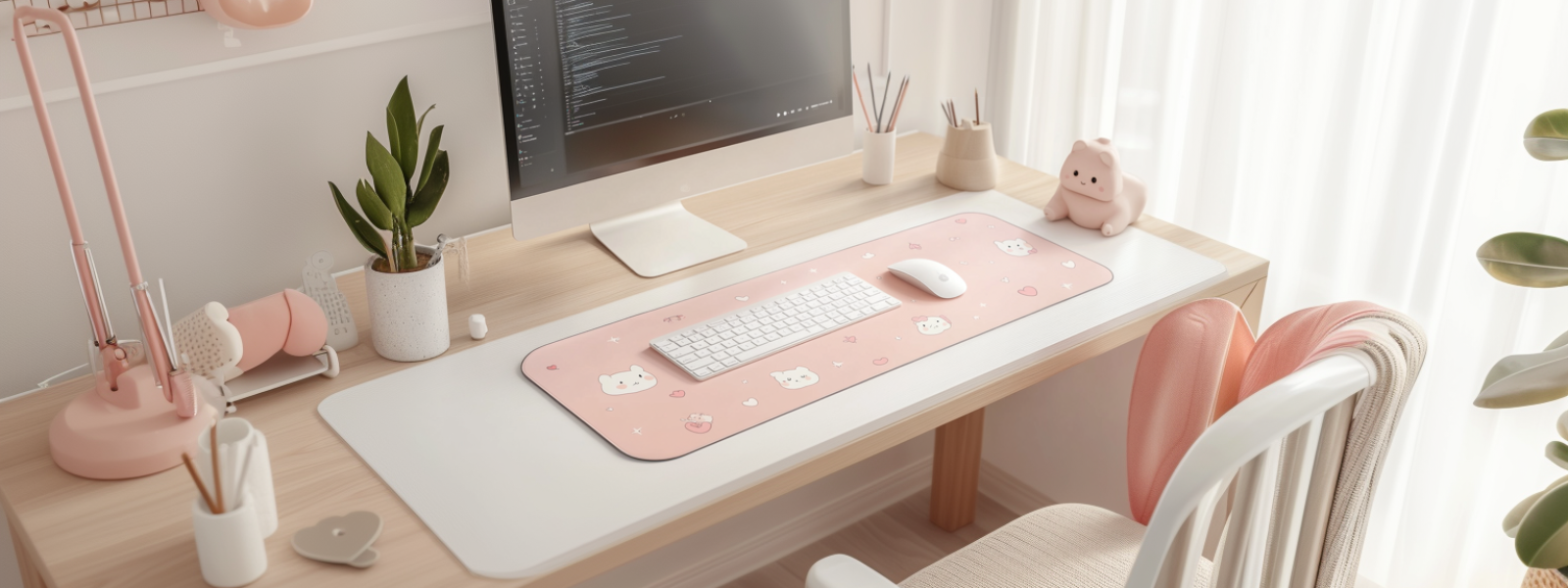 Tapis de souris XXL kawaï rose avec décorations pastel et ambiance douce