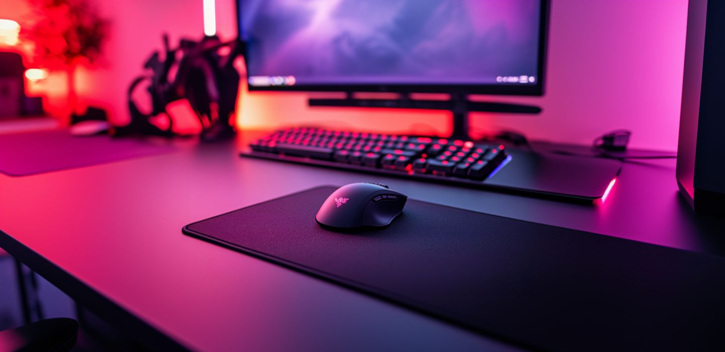 Tapis de souris gaming XXL sur setup RGB avec clavier rétroéclairé