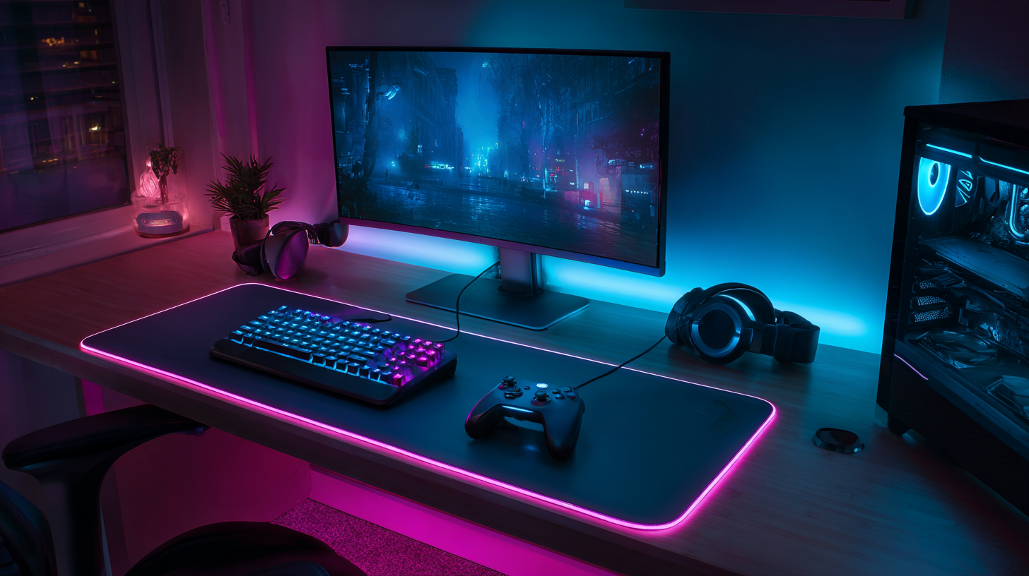 Tapis de souris gaming XXL sur setup RGB avec clavier rétroéclairé