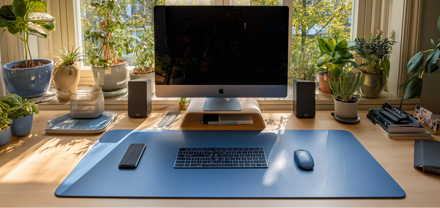 Tapis de souris XXL bleu foncé sur bureau lumineux