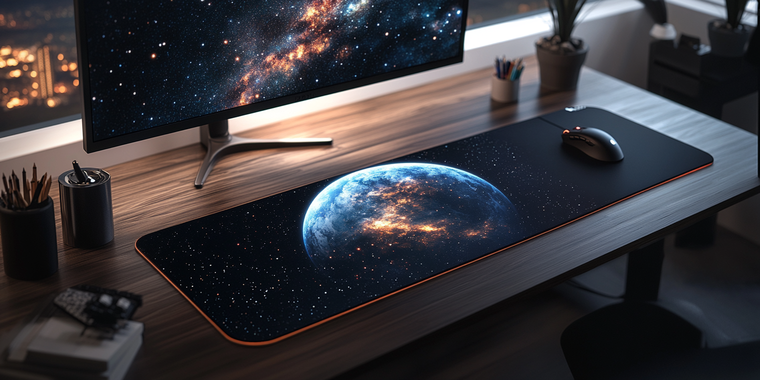 tapis de souris xxl aux motifs espace et astronomie sur un bureau en bois sombre