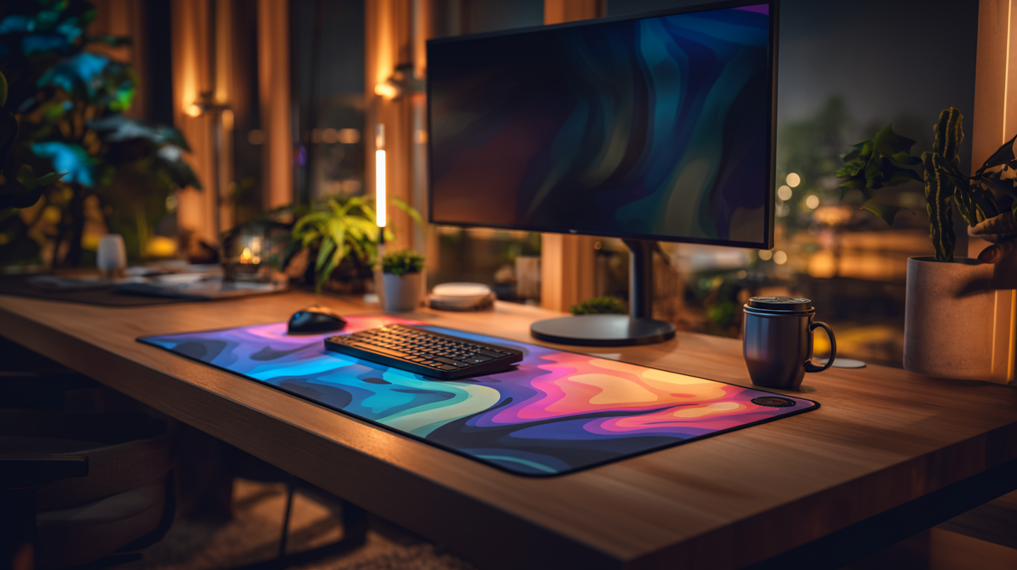 tapis de souris xxl coloré original sur un bureau en bois moderne