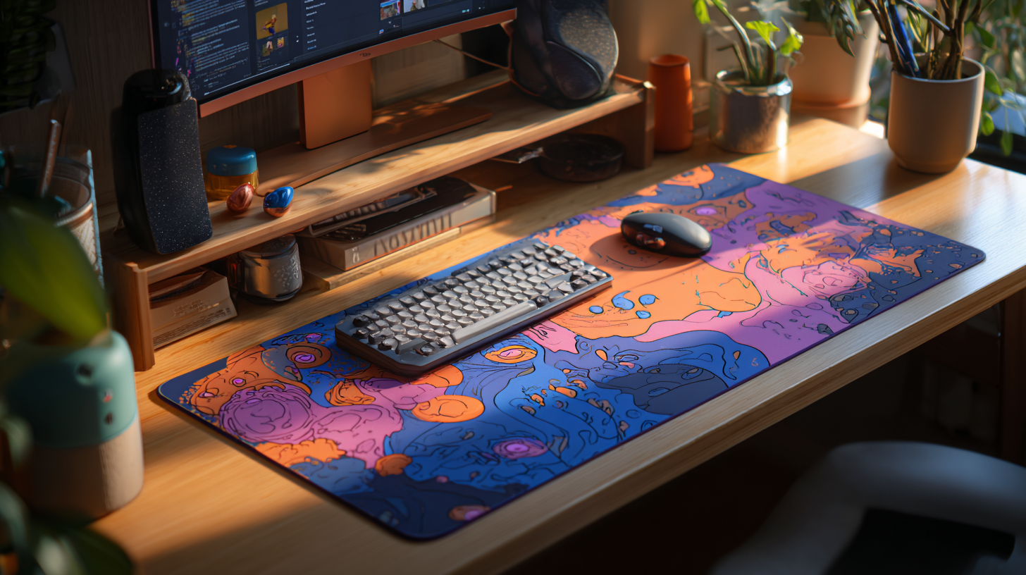 tapis de souris xxl original et coloré sur un setup gamer en bois
