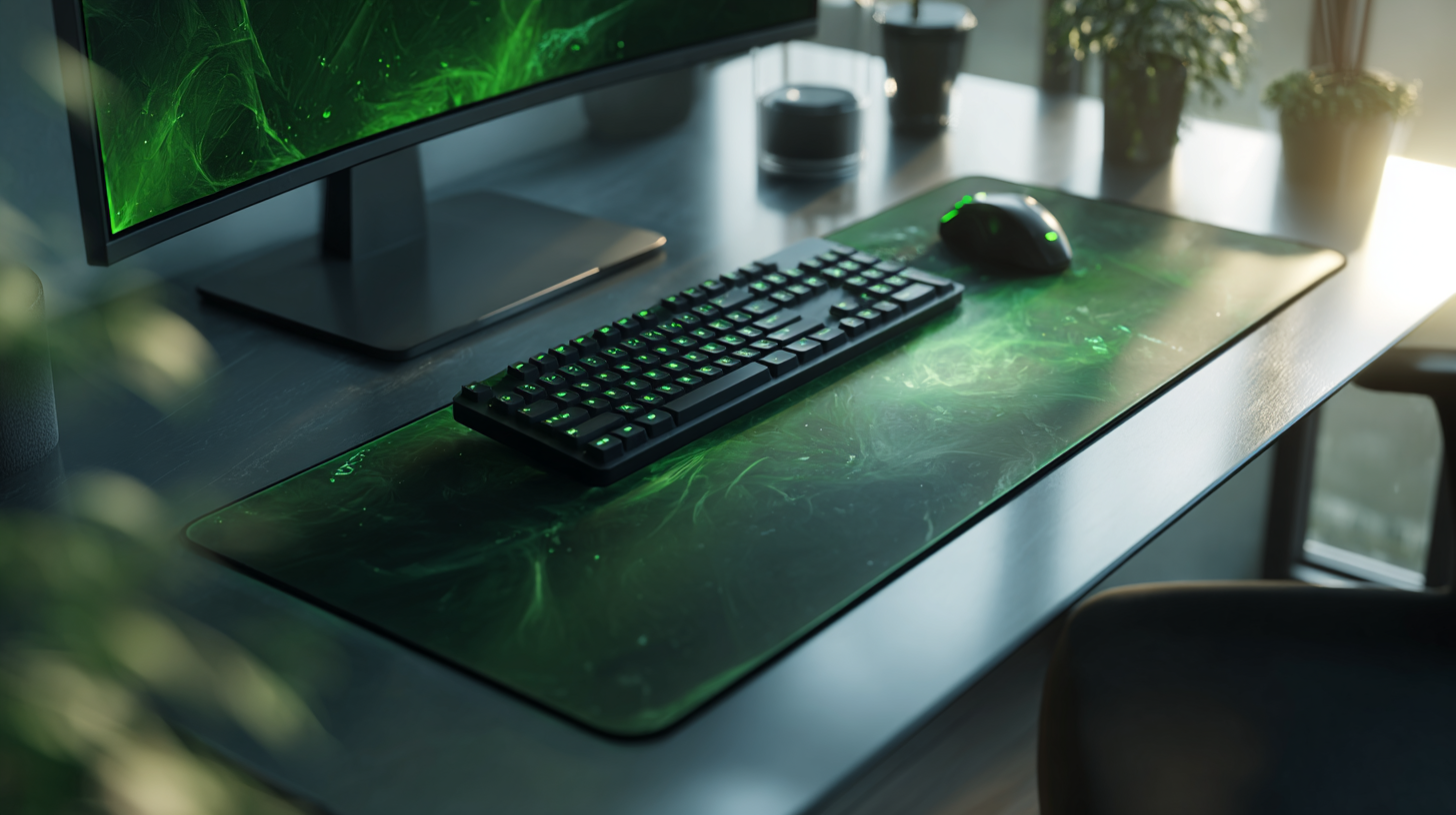 Tapis de souris XXL vert sur bureau gris moderne gamer