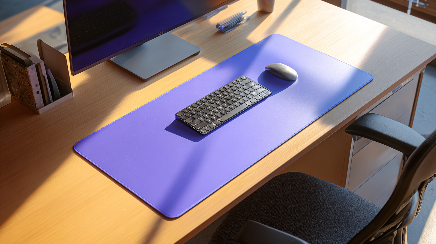 Tapis de souris violet XXL sur un bureau moderne en bois