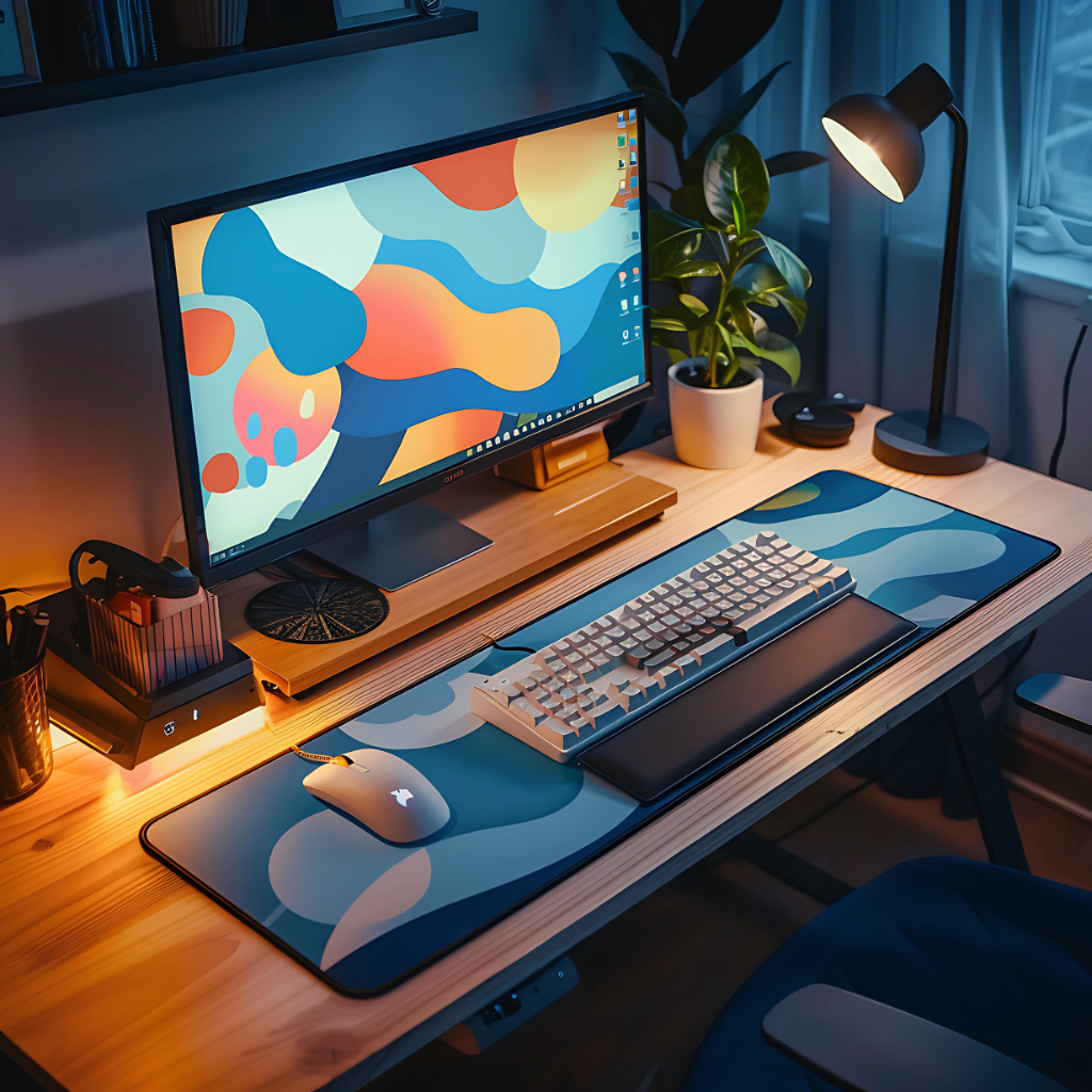 Setup créatif avec tapis de souris XXL à motifs abstraits, clavier mécanique et lumière d’ambiance sur bureau en bois clair