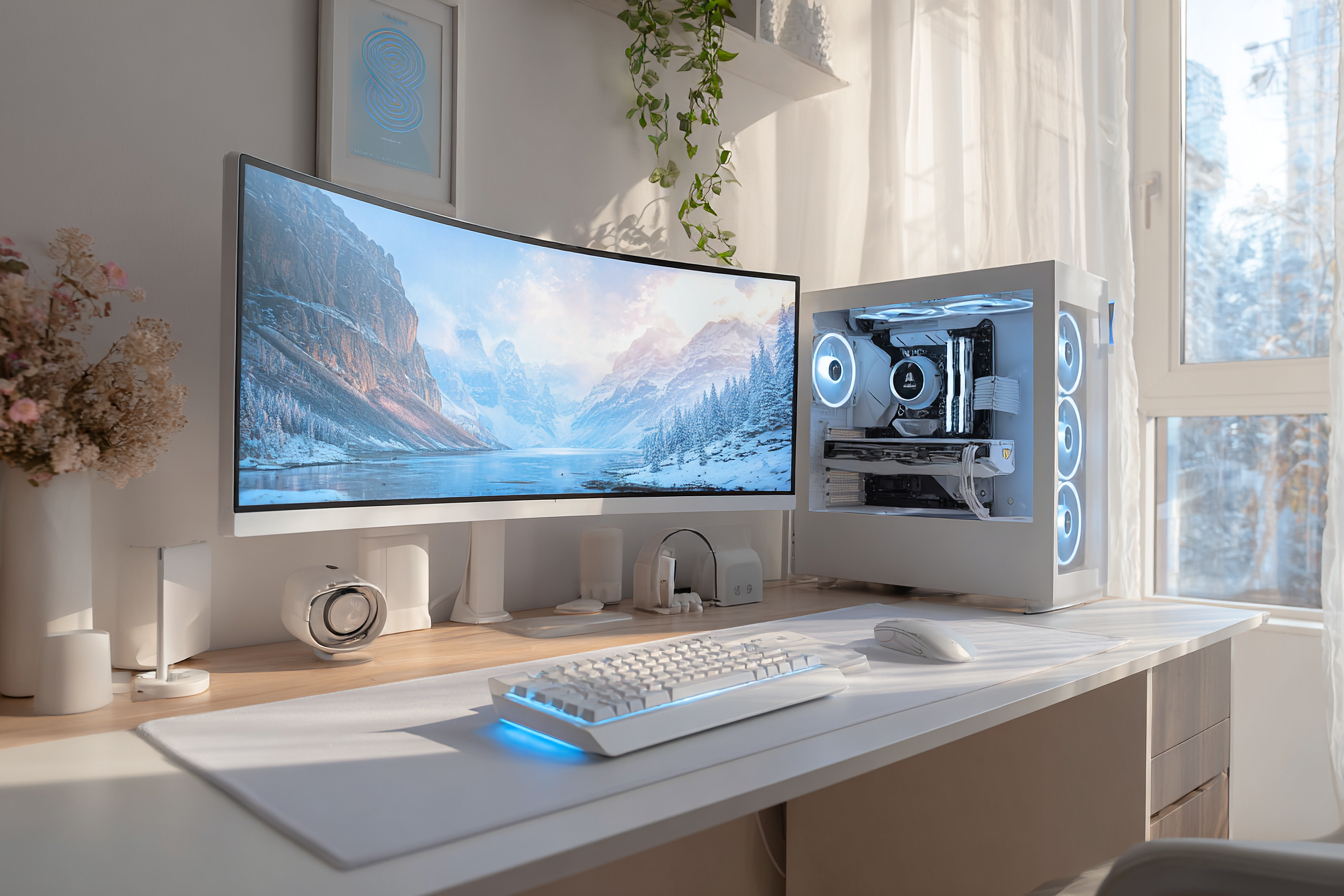 Setup gaming moderne avec écran ultra-large, tour PC blanche et tapis de souris XXL gris clair sur bureau en bois — Sourisi, accessoires de bureau design et performants